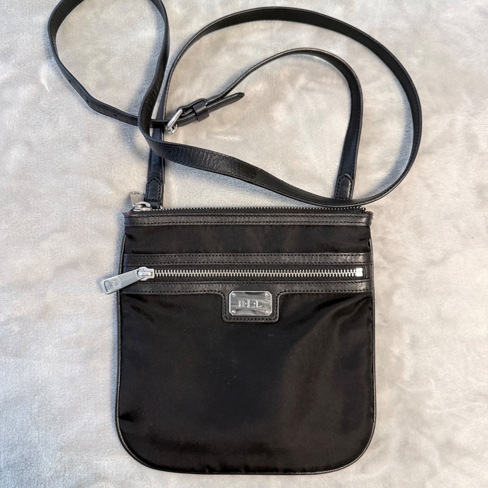 Lauren Ralph Lauren RLL Black Nylon Leather Trim Crossbody Bag Silver Logo Zip